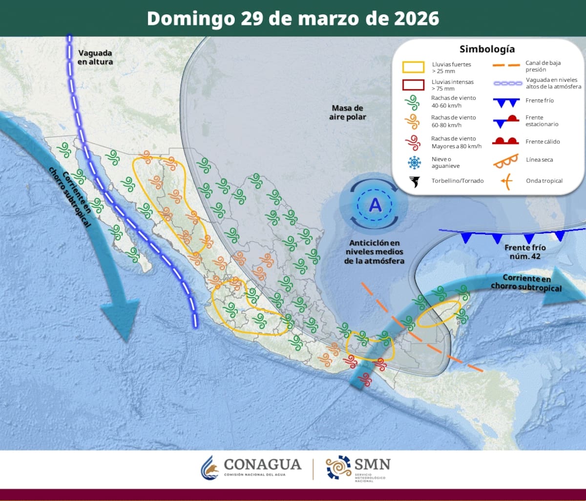 Pronóstico del clima para el domingo 29 de marzo del 2026. | Crédito: SMN