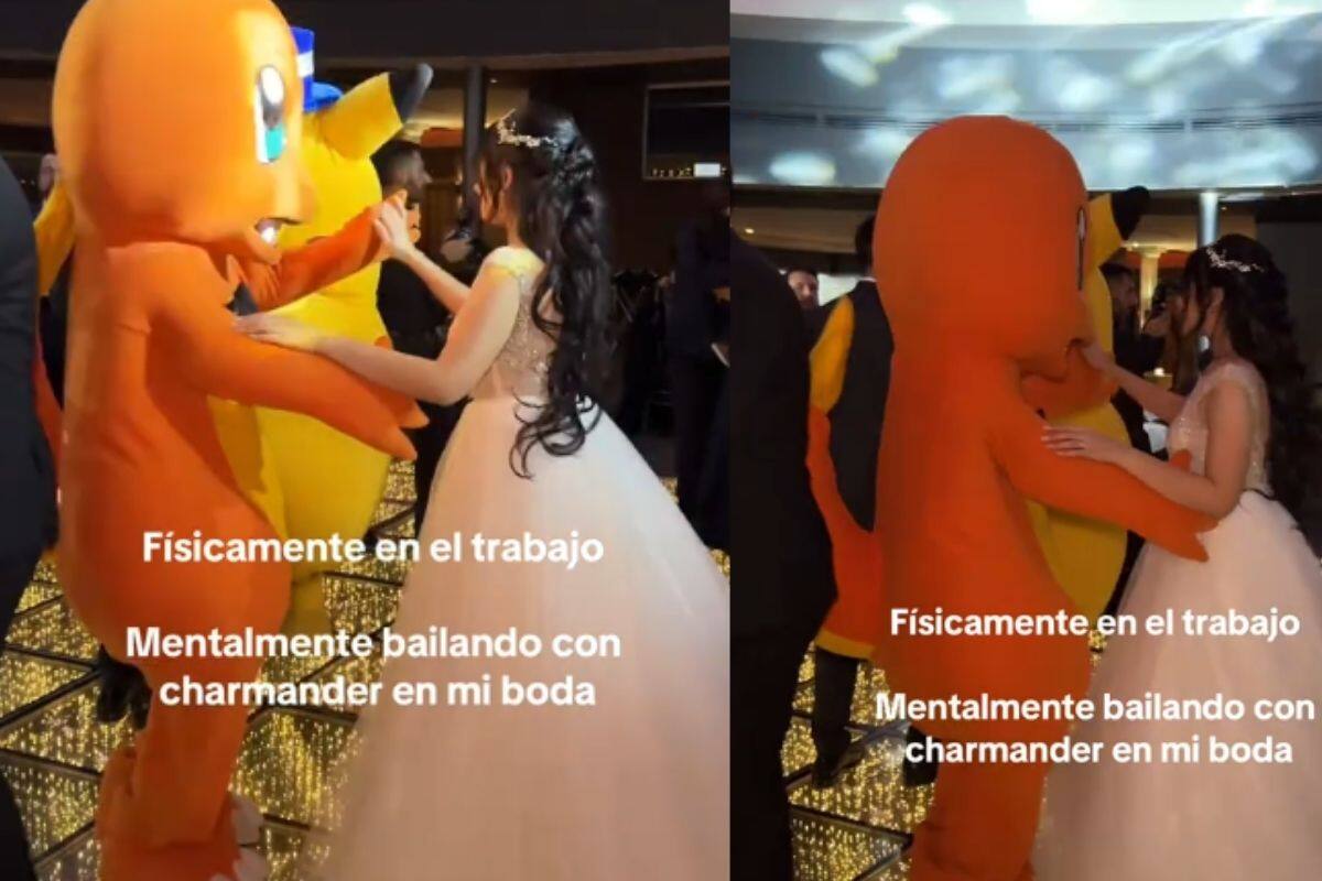 Mujer baila con botarga del pokémon Charmander en el día de su boda