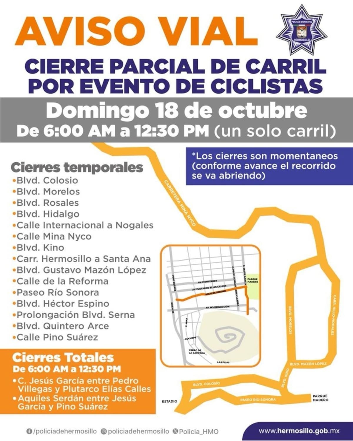 Vialidades permanecerán cerradas hasta las 12:30 horas en Hermosillo por carrera ciclista L’Étape by Tour de France. | Crédito: X @HermosilloGob
