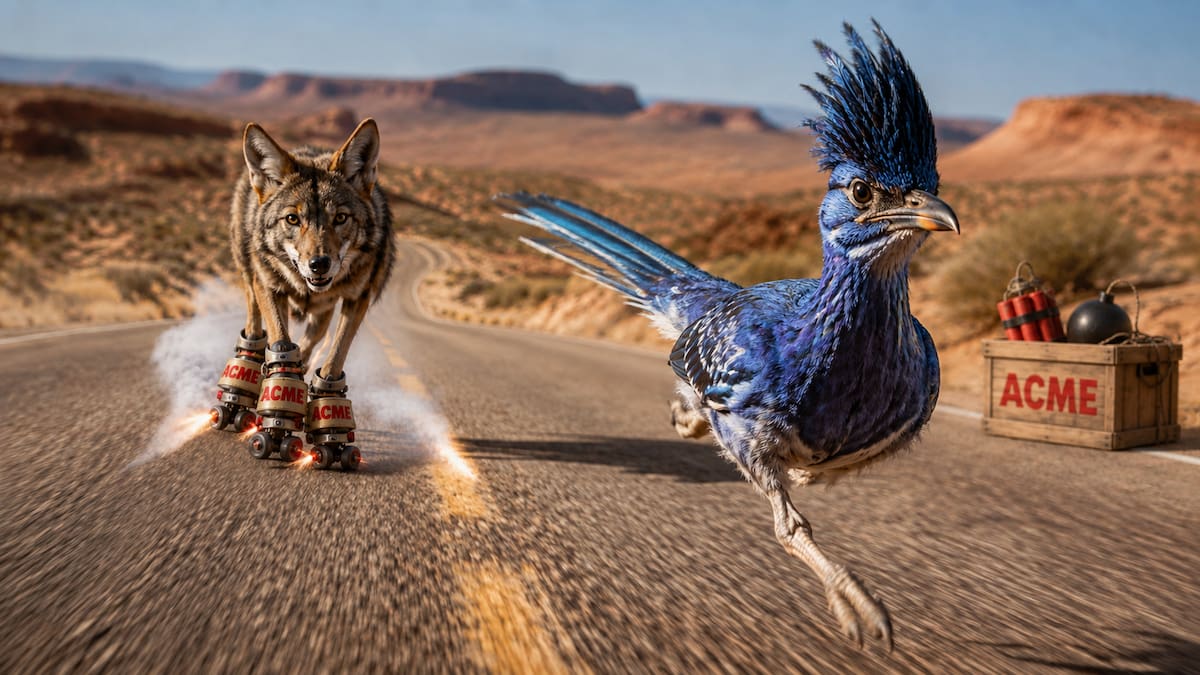 La inteligencia artificial conserva elementos clásicos de las caricaturas, como los productos ACME, pero transforma al Coyote y al Correcaminos en criaturas de aspecto realista.
