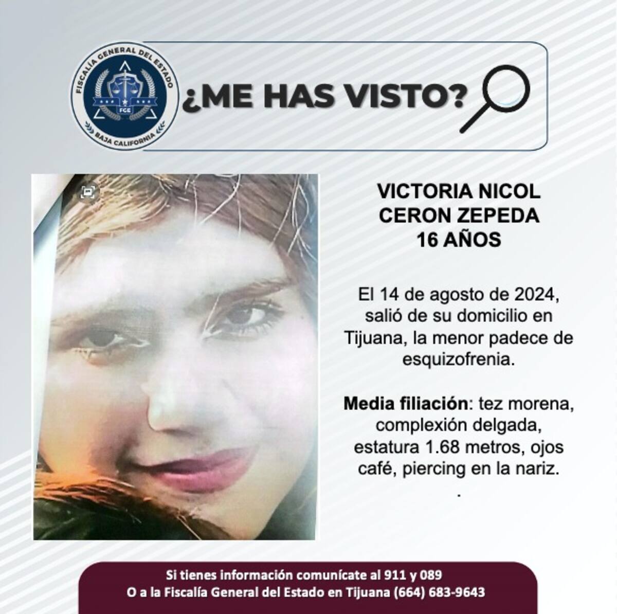 Victoria Nicol Ceron Zepeda fue vista por última vez el 14 de agosto del 2024.
