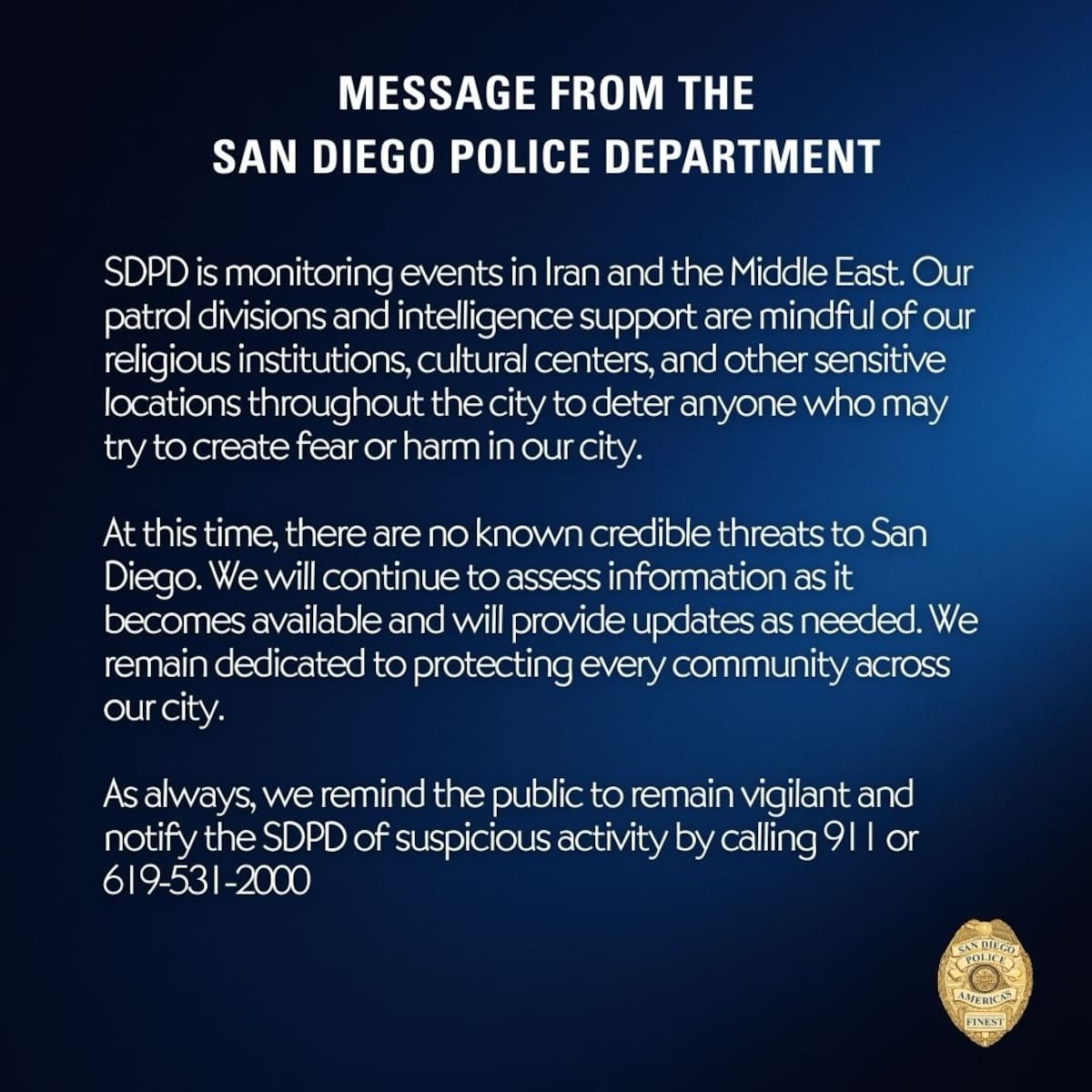 El Departamento de Policía informó que mantiene monitoreo activo en instituciones religiosas, centros culturales y otros lugares sensibles de la ciudad, luego del ataque y el reporte sobre la muerte del líder supremo iraní. Foto: Cortesía