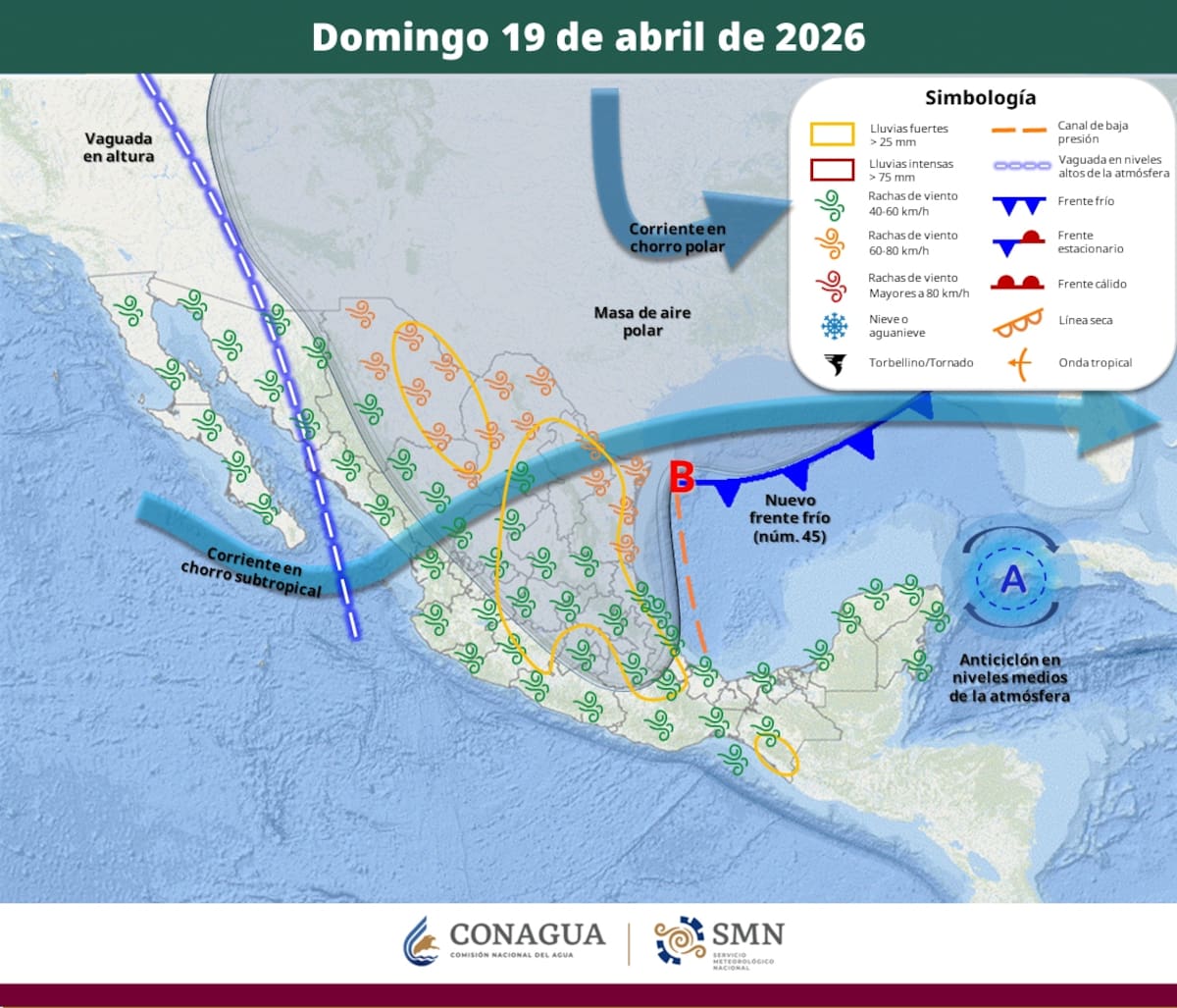 Pronóstico del clima para el domingo 19 de abril del 2026. | Crédito: SMN