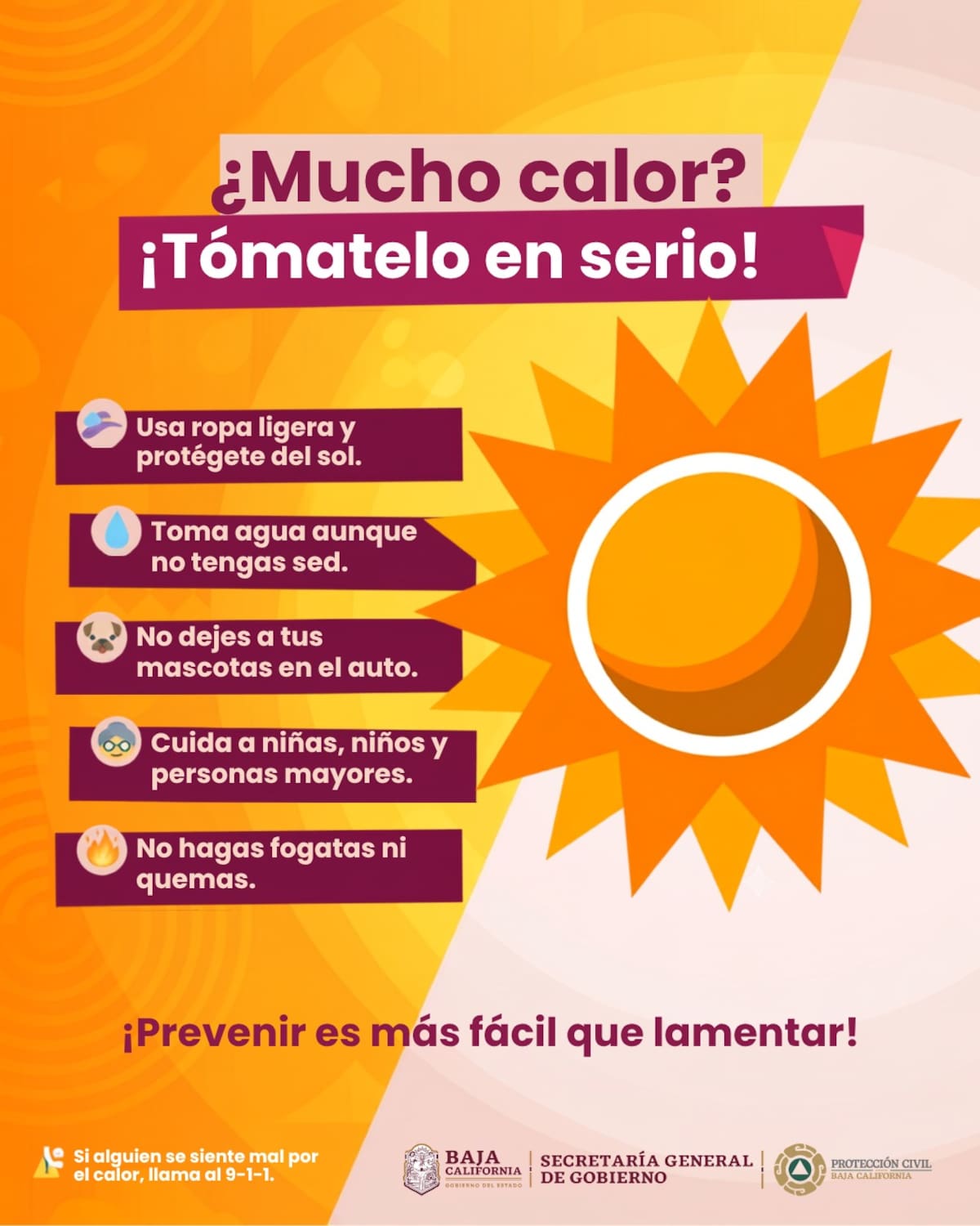 Protección Civil recomendó evitar la exposición prolongada al sol y mantenerse hidratado ante las temperaturas de hasta 49 °C previstas para Mexicali. Foto: Cortesía