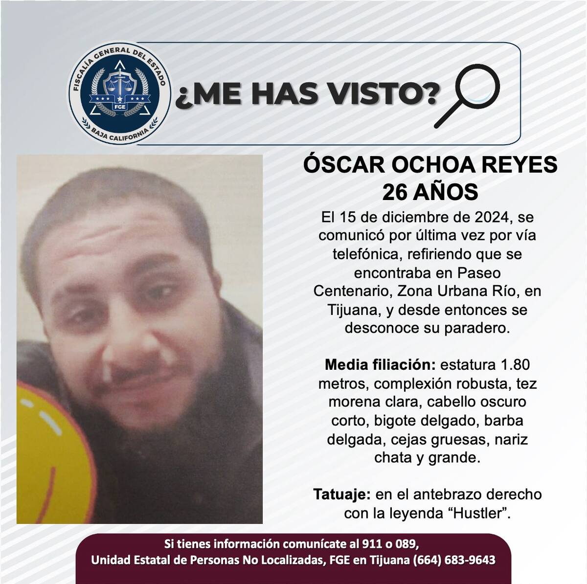 Óscar Ochoa Reyes fue visto por última vez el 15 de diciembre del 2024.