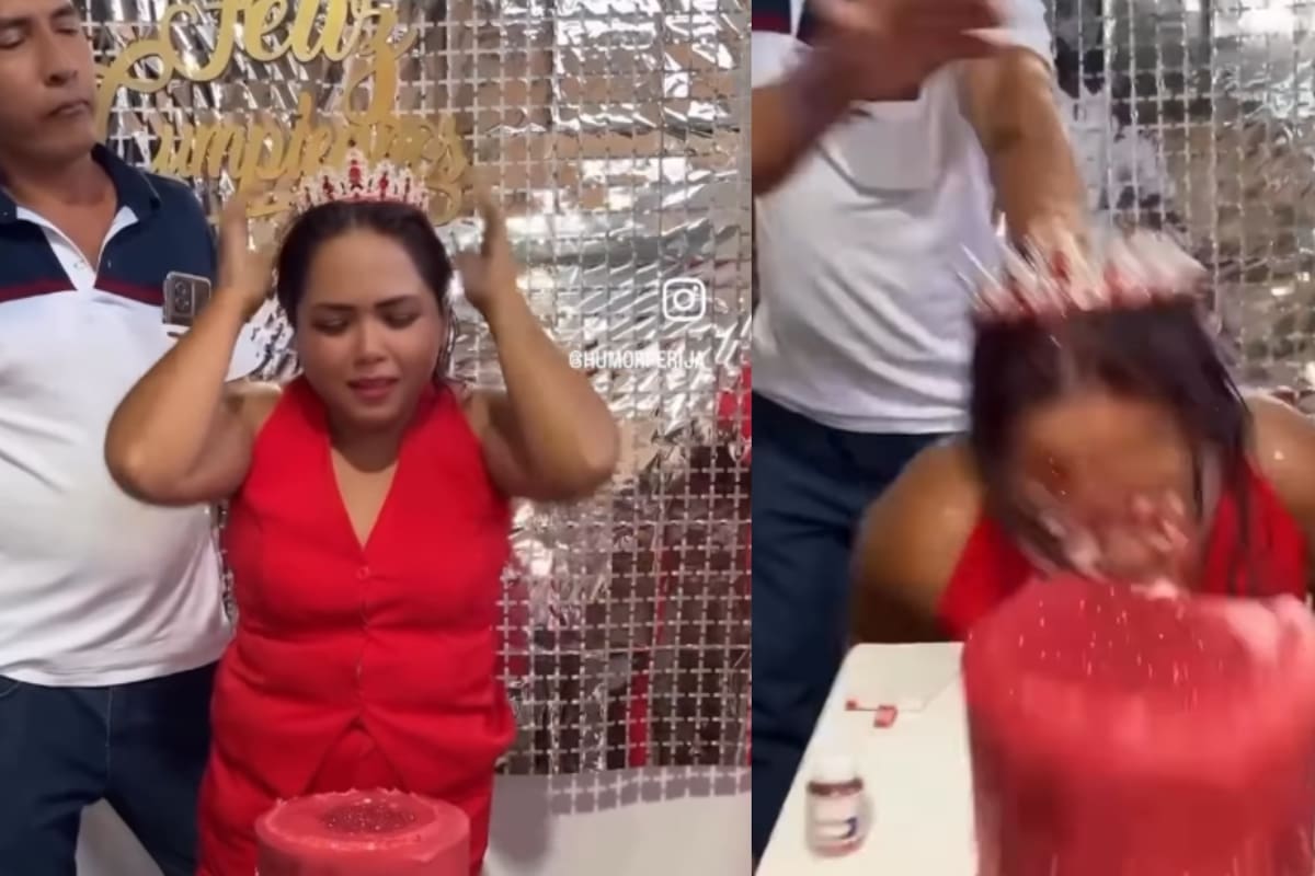 ‘Pobre mujer, está durmiendo con el enemigo’: esposo estrella a su esposa contra su pastel de cumpleaños
