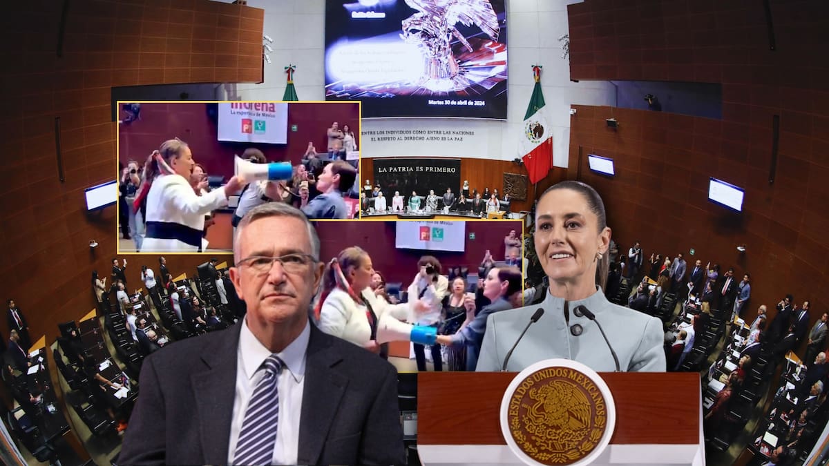Lily Téllez acusa a Morena de "narcogobierno" con megáfono en mano en el Senado, pero senadora del partido se lo arrebata entre jaloneos. Foto: Especial (Capturas de video/Gobierno de México/Redes sociales | editada en Canva)