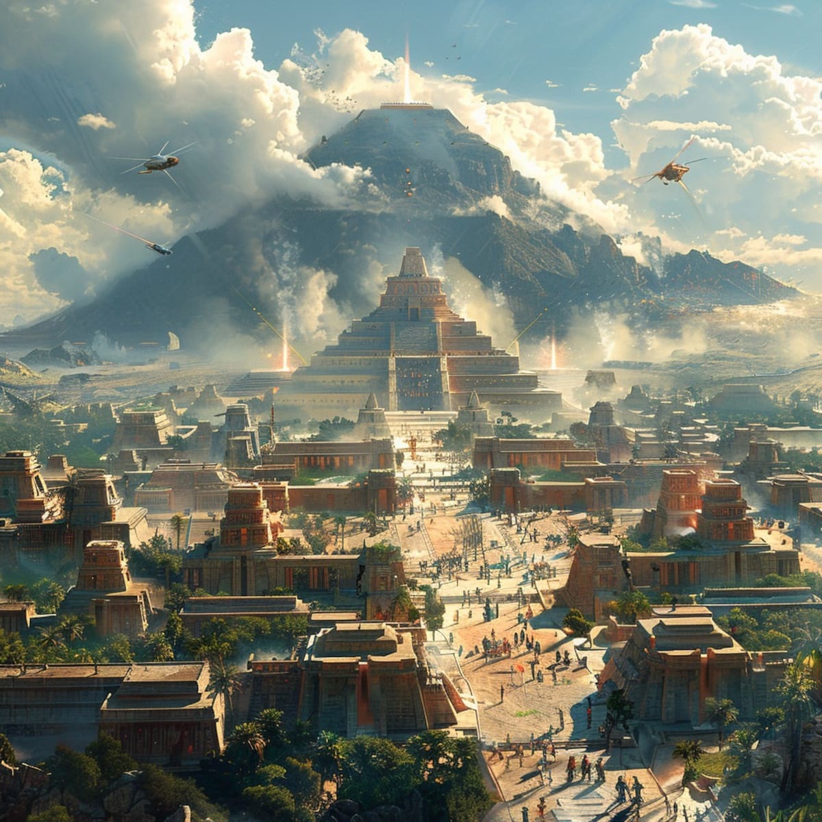 El resurgimiento azteca: Una representación visual de cómo podría haber evolucionado la cultura sin la conquista, con un enfoque en la modernidad y la preservación de la tradición.