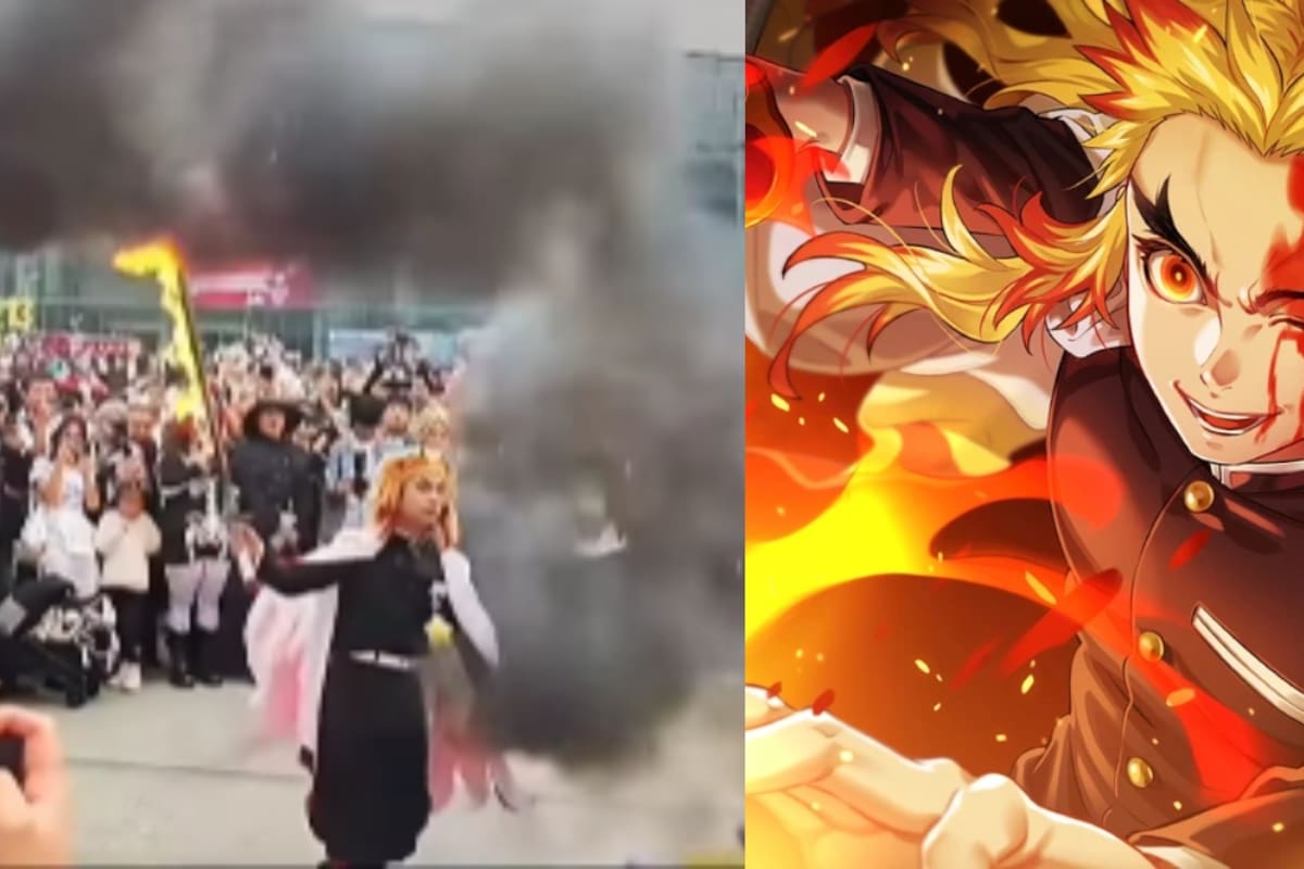 Chico vestido del popular personaje Rengoku del anime Demon Slayer sorprende con una espada de fuego real
