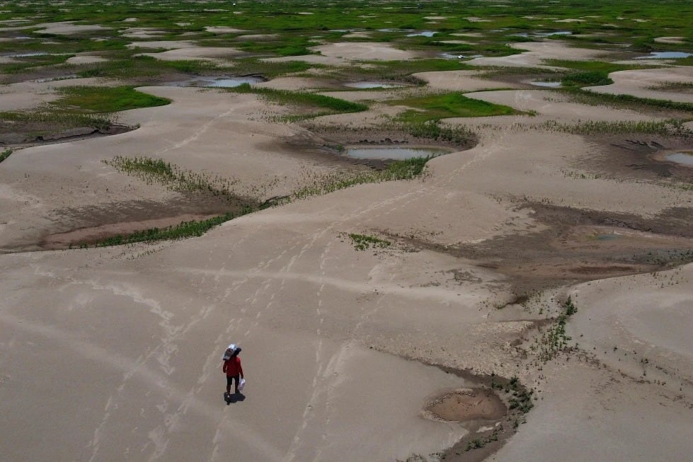 Un residente de una comunidad ribereña lleva alimentos y recipientes con agua potable tras ser distribuidos debido a la sequía en Careiro da Varzea, estado de Amazonas, Brasil, el 24 de octubre de 2023. | Crédito: AP/Edmar Barros, Archivo