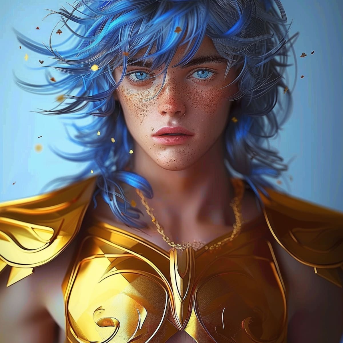 La inteligencia artificial da vida a Afrodita de Piscis con una asombrosa armadura dorada y profundos ojos azules en esta reinterpretación realista.