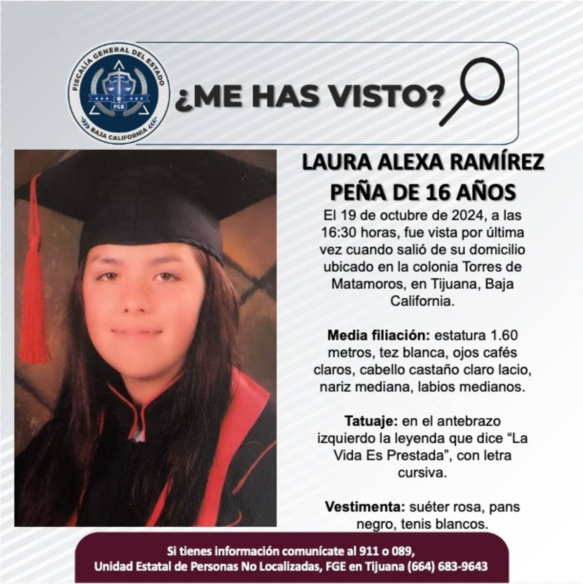 Laura Alexa Ramírez Peña fue vista por última vez el 19 de octubre de 2024.