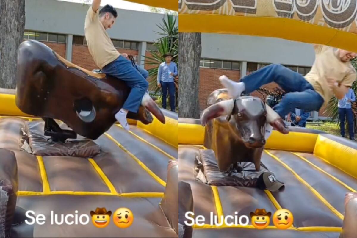 VIRAL: joven sale volando de toro mecánico tras haber resistido varios minutos sobre él