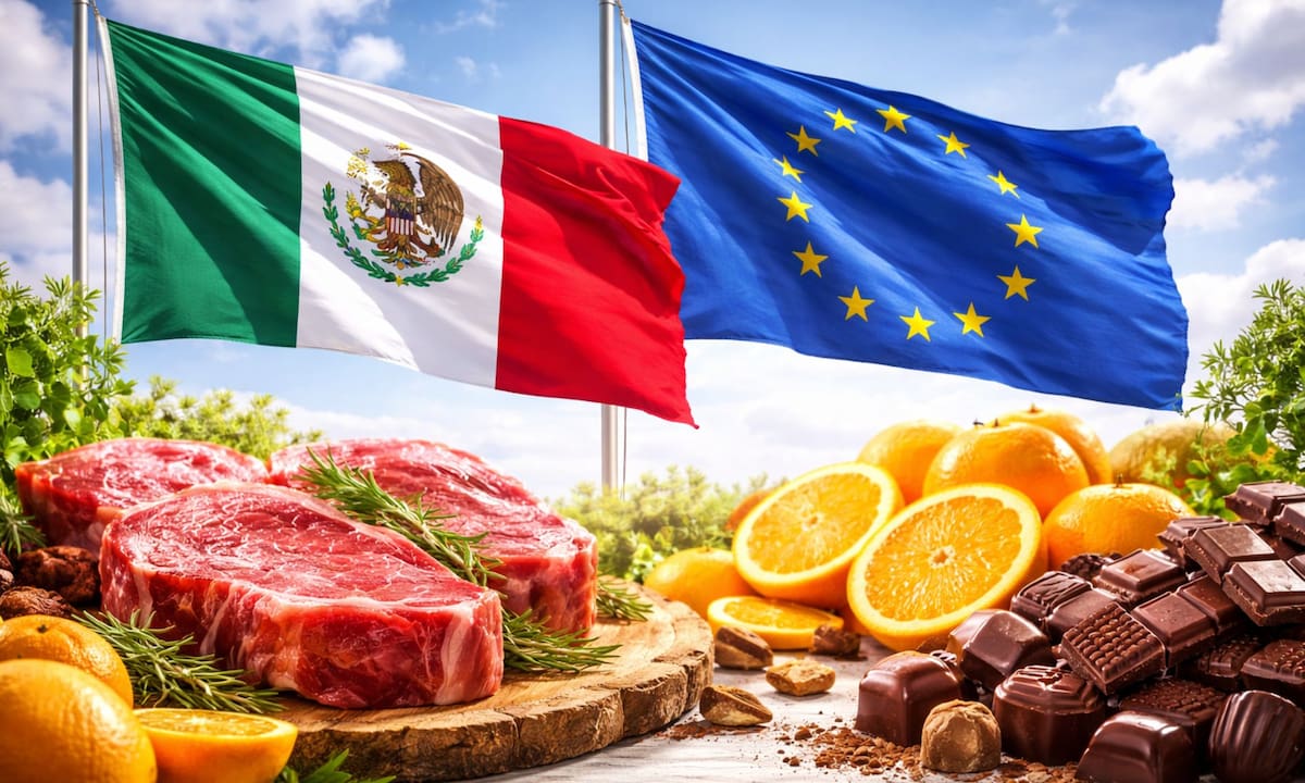 México y la Unión Europea prevén firmar la modernización del TLCUEM en mayo para eliminar aranceles al 83% de los productos agropecuarios de forma inmediata | Imagen hecha con IA