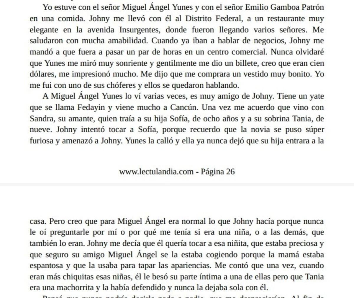 Extracto del libro Los Demonios del Edén de Lydia Cacho, donde se menciona a Yunes Linares. FOTO: Redes Sociales