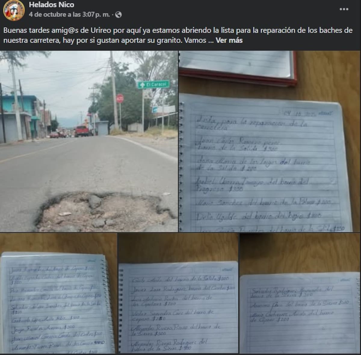 El comerciante mostraba los baches en la carretera rural y criticaba la falta de apoyo de las autoridades. En la grabación mencionó que llevaba tiempo pidiendo al alcalde que atendiera el problema. Foto: Especial (Captura del post de Helados Nico)