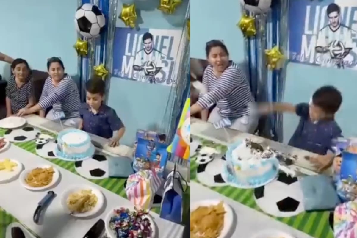 Estrellan el rostro de un niño en el pastel por la tradicional “mordida” y él EXPLOTA de coraje