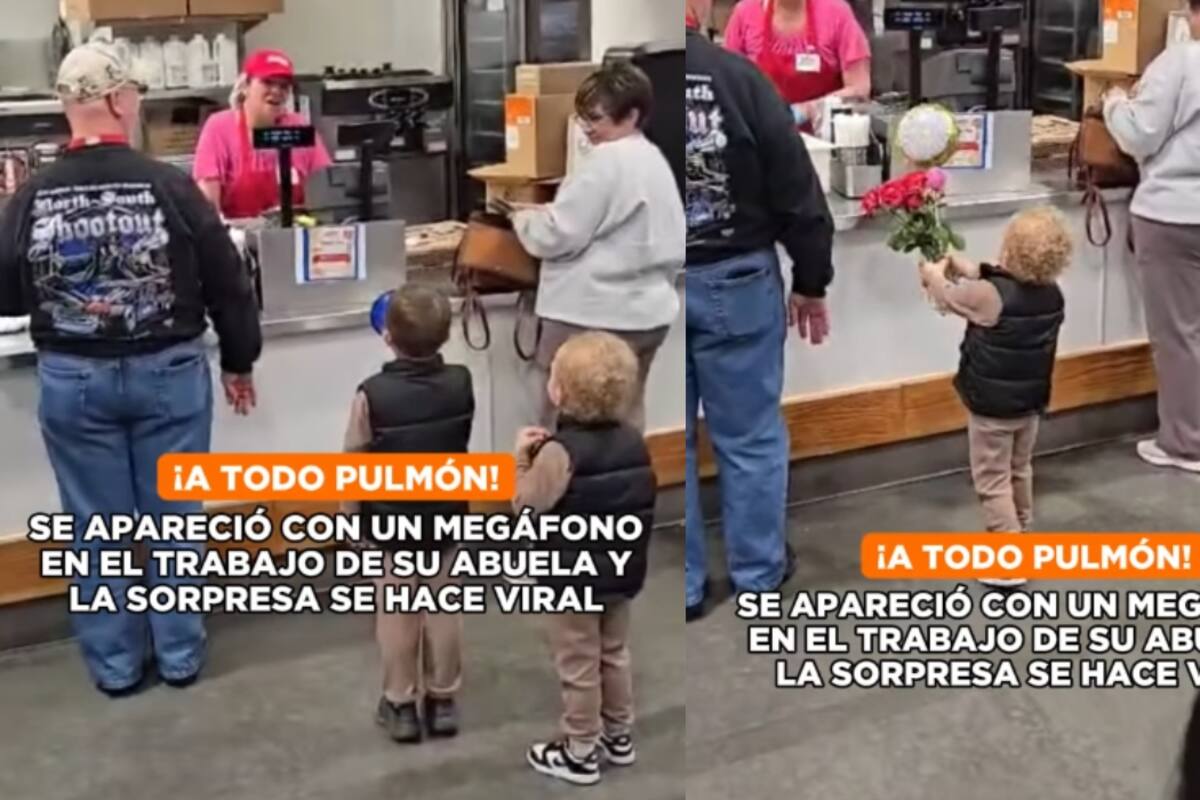 Niño sorprende a todos gritando con su megáfono: visita sorpresa de cumpleaños a su abuela en el trabajo