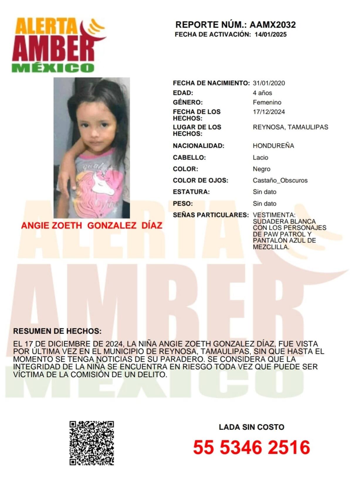 Angie Zoeth González Díaz fue vista por última vez el 17 de diciembre de 2024 en el municipio de Reynosa, Tamaulipas.