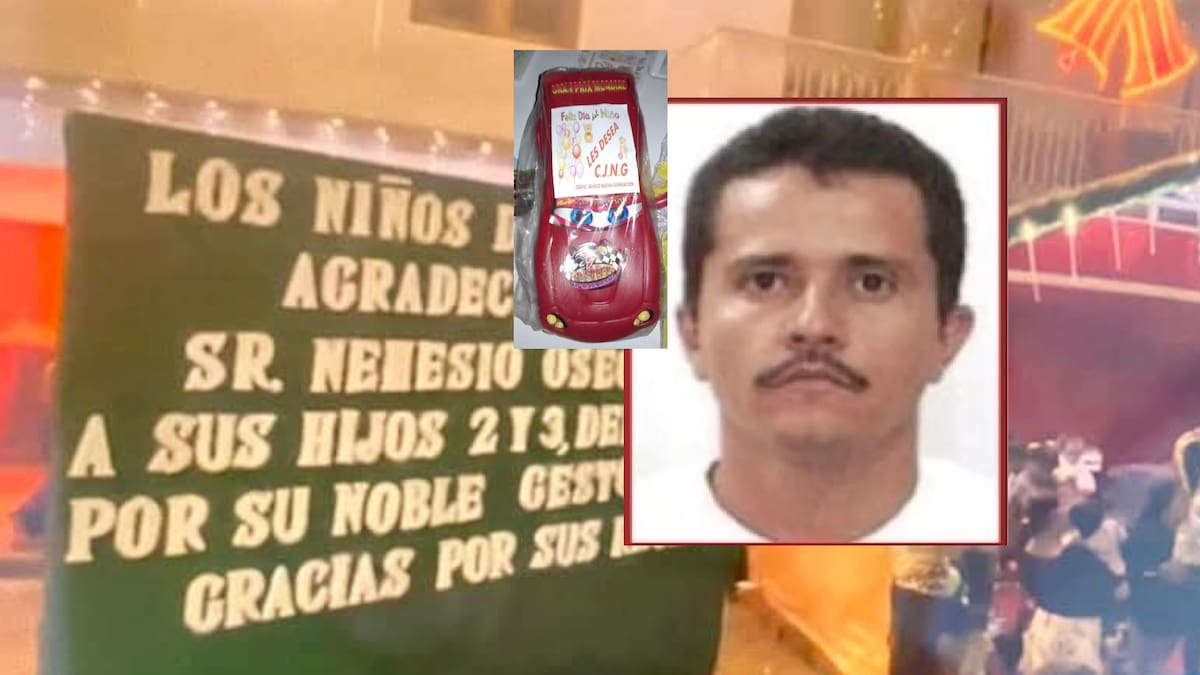 En una manta agradecen a Nemesio Oseguera Cervantes, líder del CJNG, por repartir regalos a niños del municipio de Coalcomán en Michoacán. | Captura de video