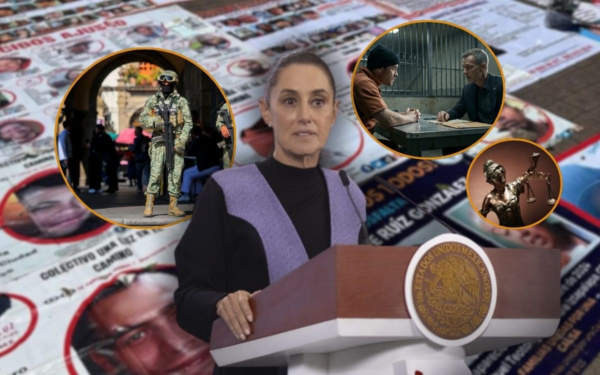 Gobierno activa en 2026 plan para usar reos como informantes ante crisis de desaparecidos en México, pero la ley vigente impide ofrecer beneficios y deja en duda su efectividad. | Crédito: Presidencia/El Universal/REUTERS/Canva