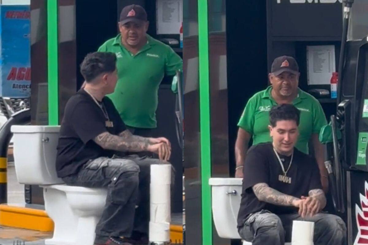 Influencer llega a poner gasolina a su “baño-carro” y se vuelve viral