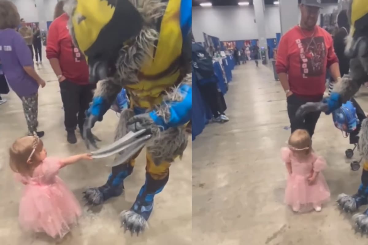 “Parecen Sully y Boo de Monsters Inc.”: Infante se vuelve viral en redes por encontrar fascinante a un hombre lobo disfrazado como Logan de los X-Men