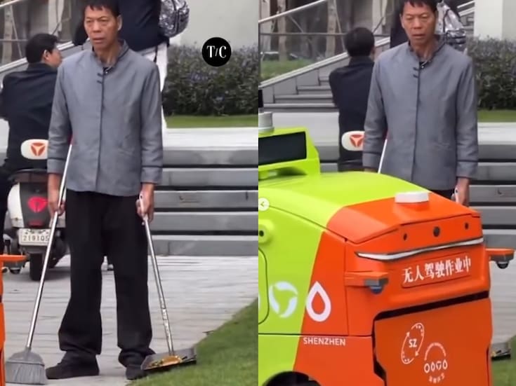 El choque de la modernidad: captan a un adulto mayor barrendero observando con tristeza la máquina que lo reemplazó