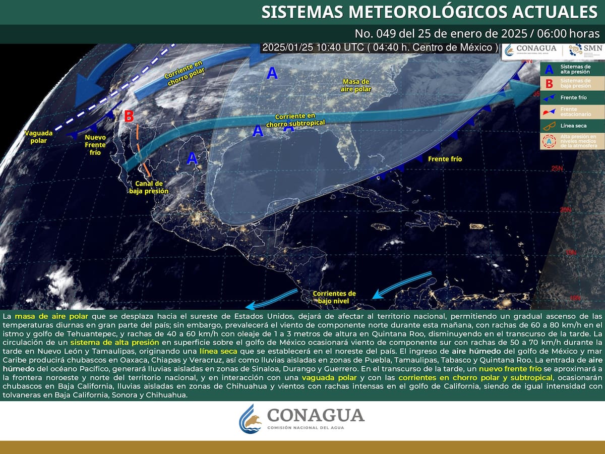 Esquema de los sitemas meterológicos que actualmente se encuentran activos en México. | Archivo GH