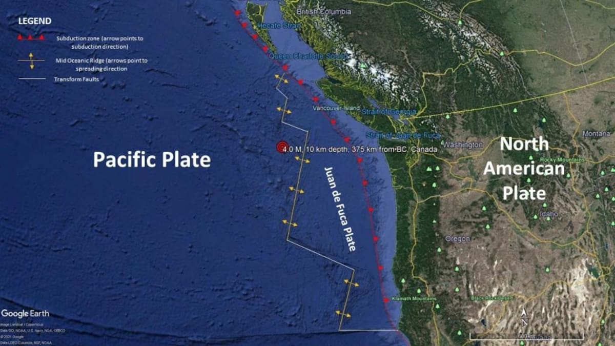 La zona de subducción de Cascadia es una falla que se extiende desde el norte de la isla de Vancouver hasta el cabo Mendocino, California. | Crédito: Google Earth