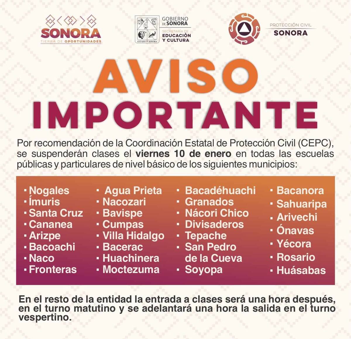 Suspensión de clases en 30 municipios de Sonora por tormenta invernal. FOTO: SEC