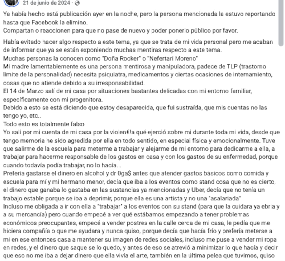 Captura de pantalla tomada de Facebook.