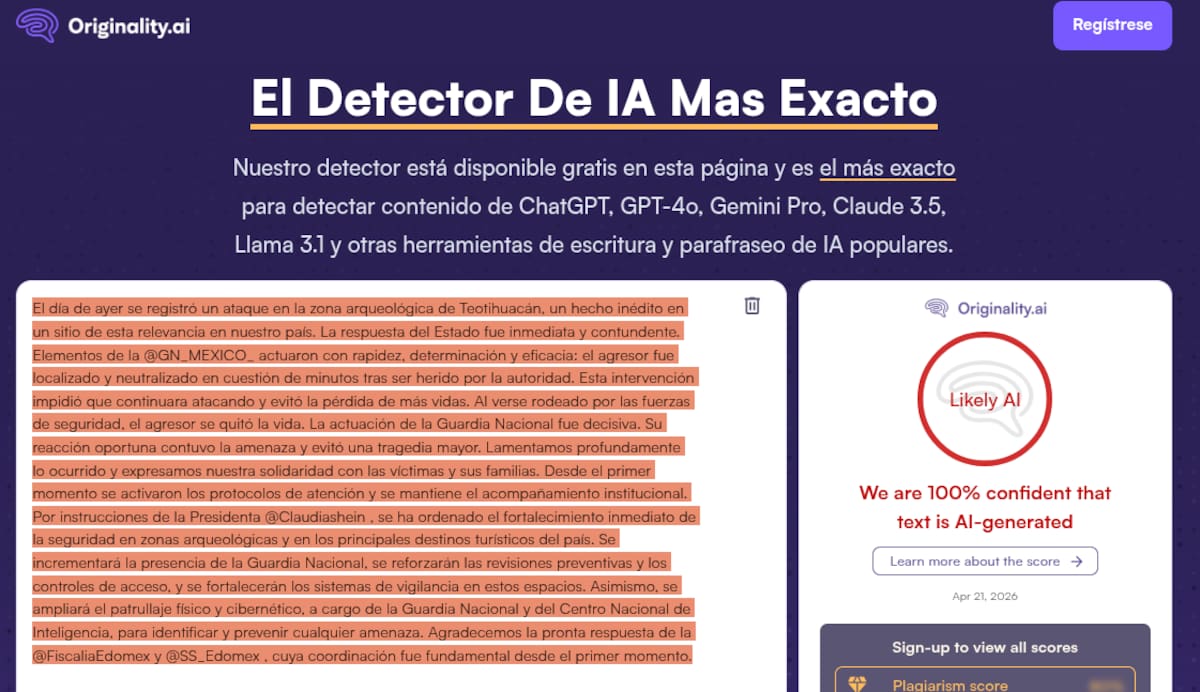 Originality AI: 100% de probabilidad de texto generado con IA