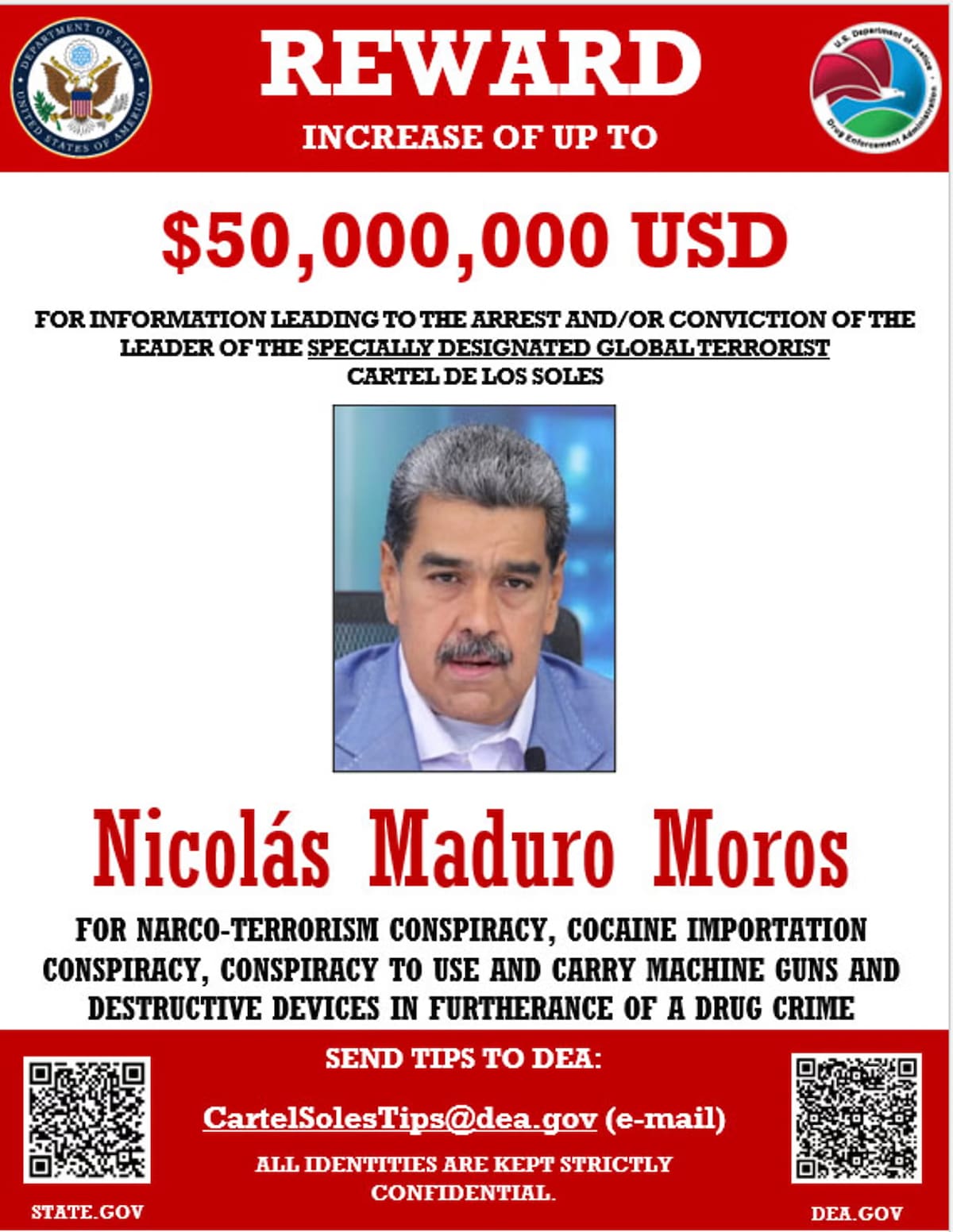 Donald Trump, presidente de EU, duplicó la recompensa por Nicolás Maduro, mandatario de Venezuela, a 50 millones de dólares, señalando que supuestamente es líder del Cártel de los Soles y aliado Cártel de Sinaloa. | @DEA