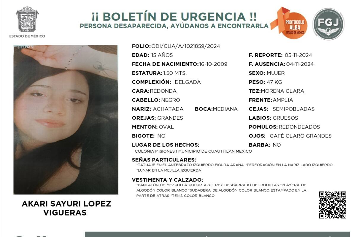 Se busca a Akari Sayuri López Vigueras de 15 años de edad