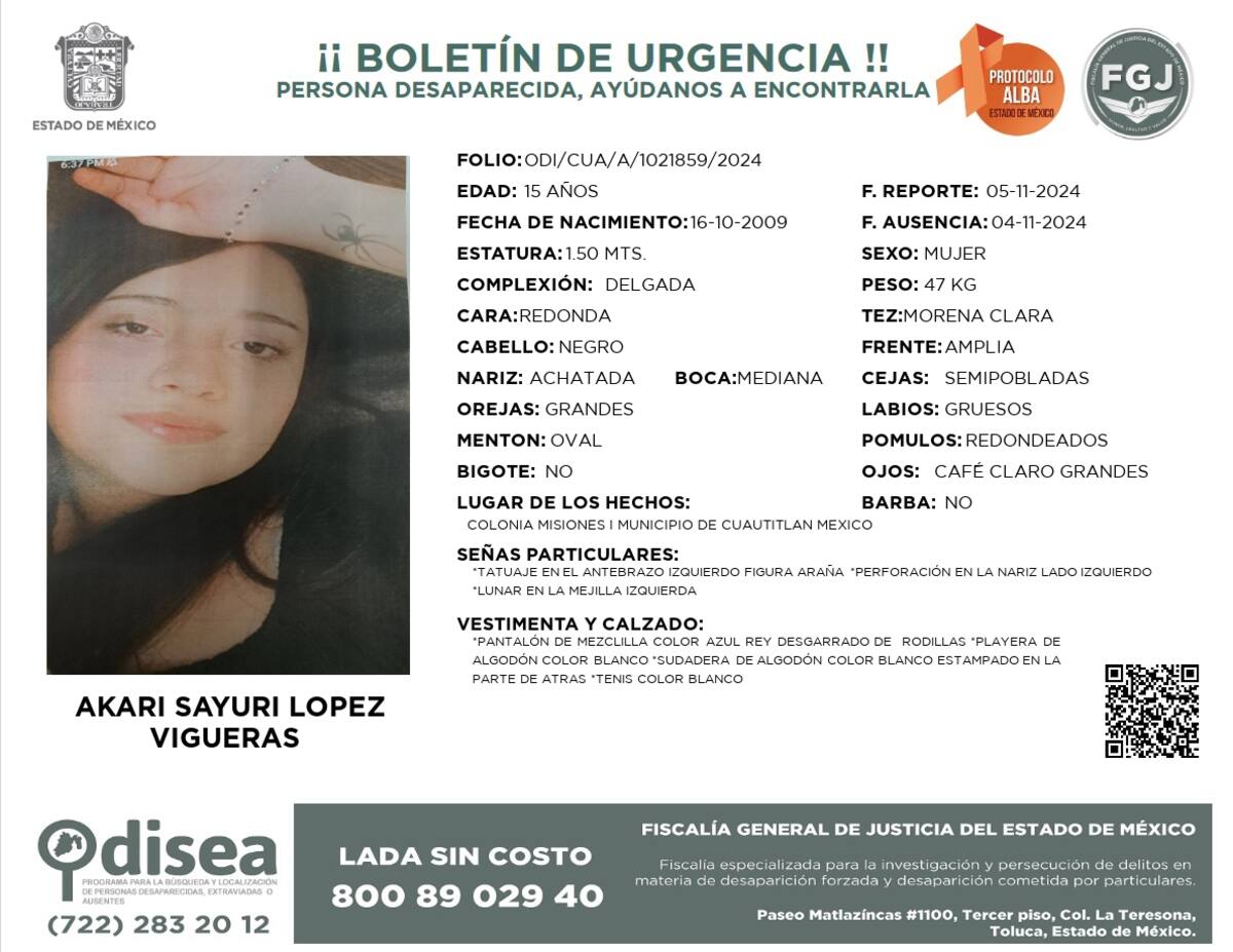 Akari Sayuri López Vigueras fue vista por última vez el 4 de noviembre de 2024.