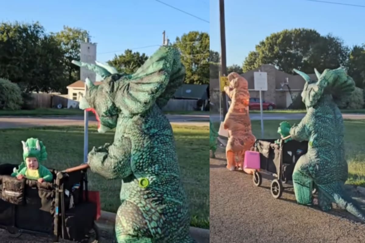 Familia pasea en el vecindario disfrazada de dinosaurios