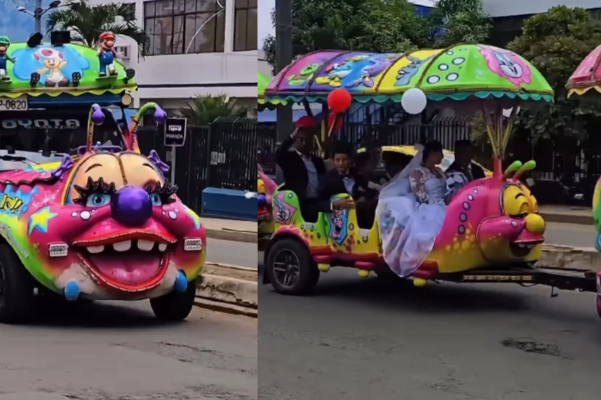 “Un gusanito como el de las ferias mecánicas” Recién casados sorprenden al desfilar junto a sus invitados en un creativo vehículo por las calles