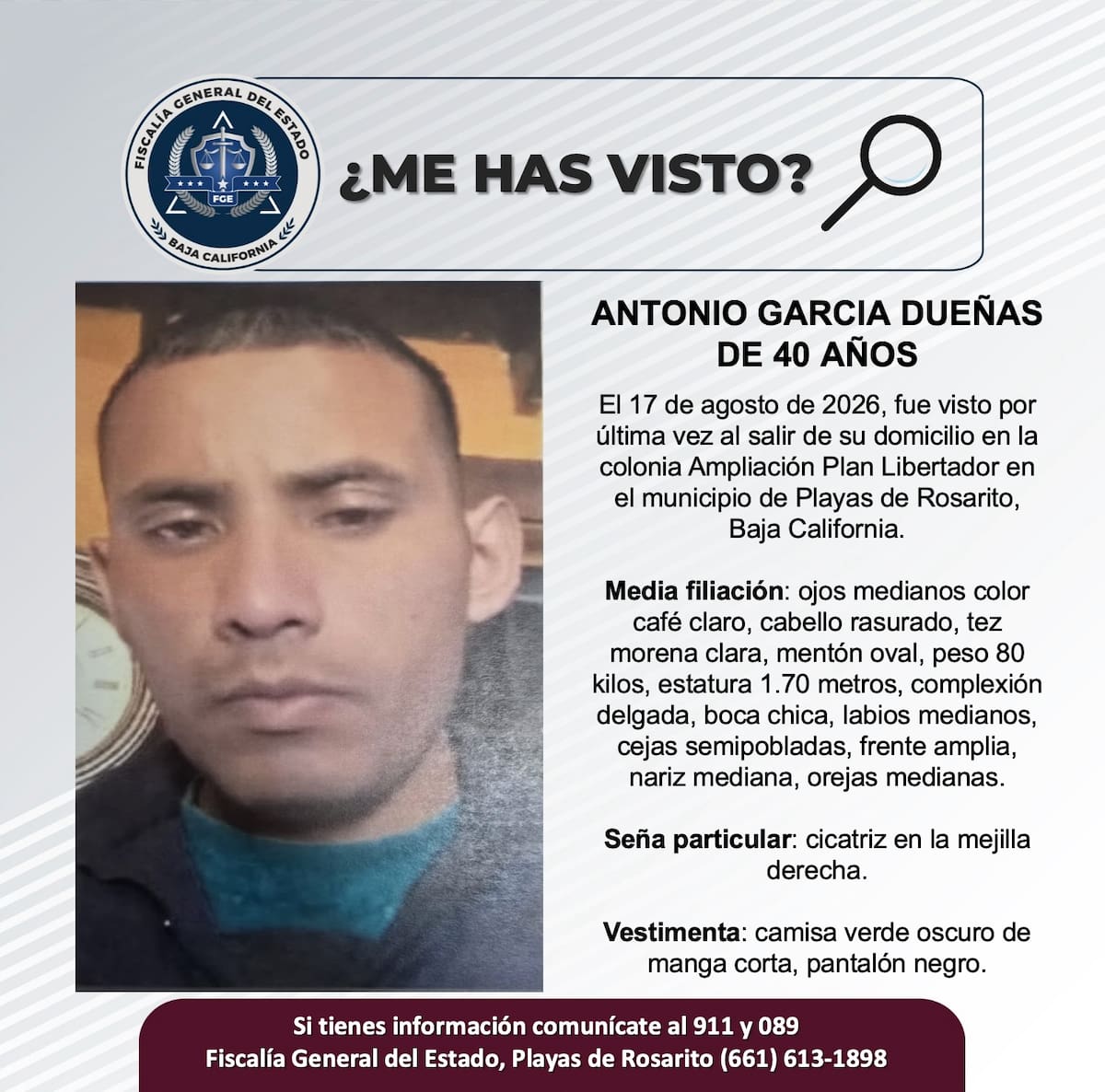 Fue visto por última vez el 17 de agosto de 2026.