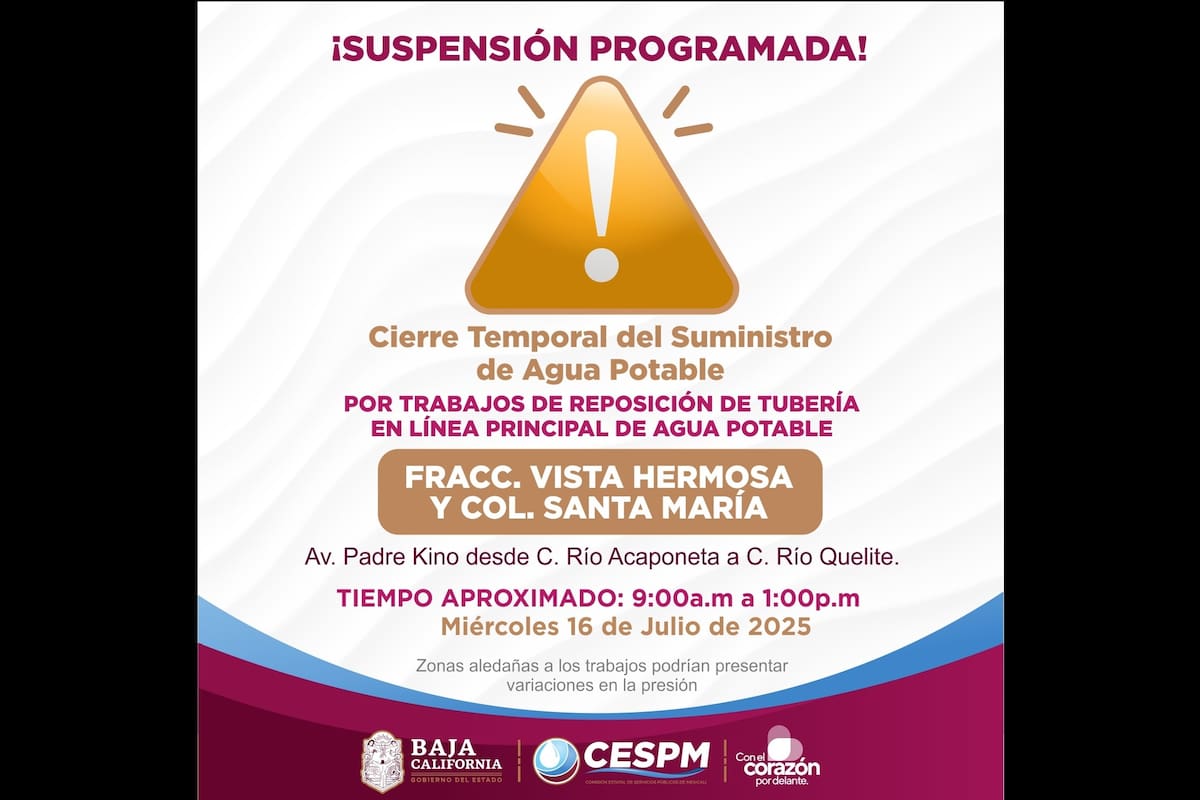 Cespm anuncia suspensión temporal del suministro de agua potable en Vista Hermosa y Santa María
