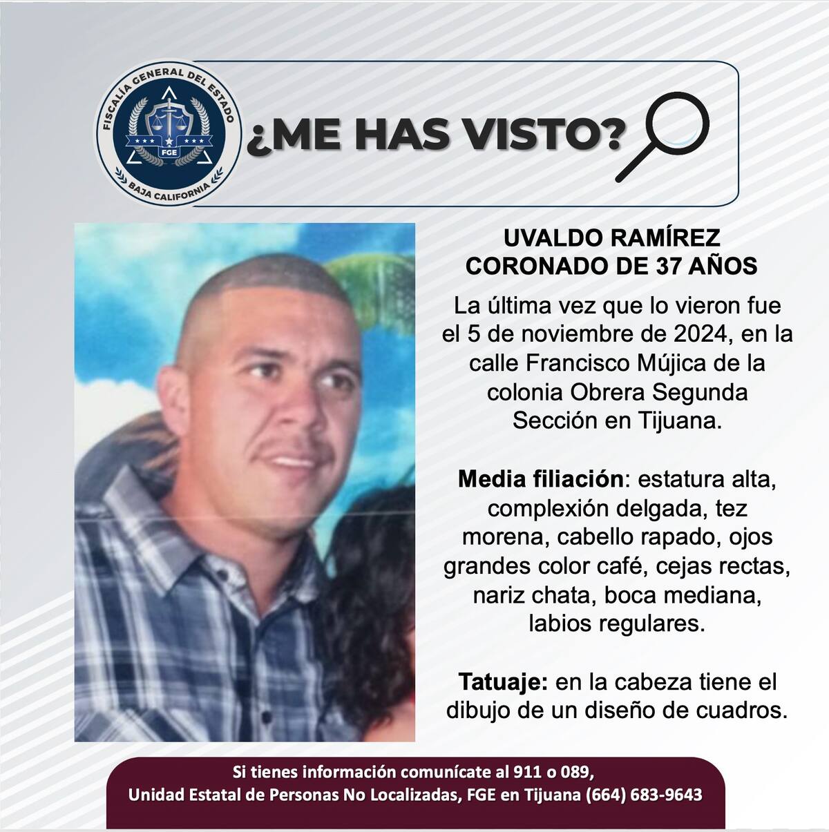 Uvaldo Martínez Coronado fue visto por última vez el 5 de noviembre de 2024.