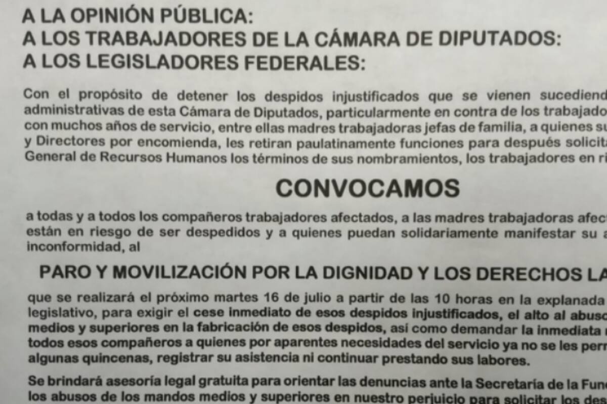 Convocan trabajadores de San Lázaro a paro por despidos injustificados