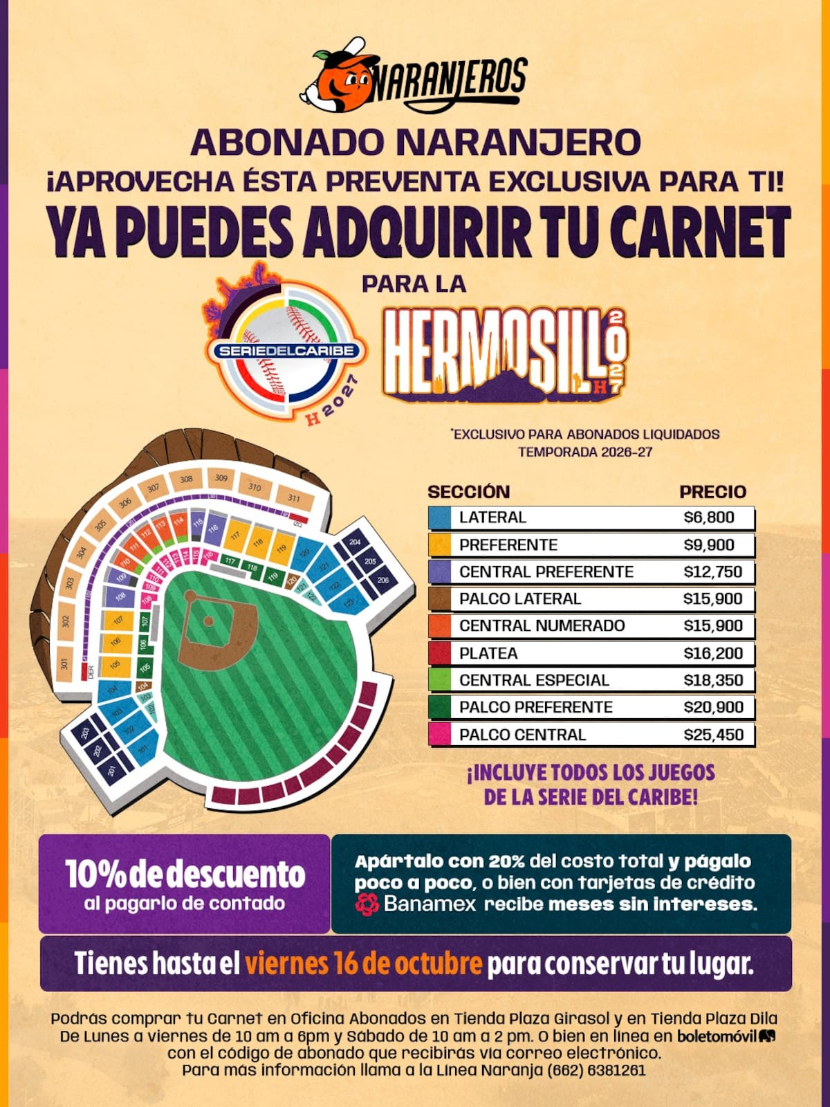 Precios exclusivos para abonados Naranjeros para la compra de carnets de la Serie del Caribe Hermosillo 2027. (Foto: Cortesía Naranjeros)
