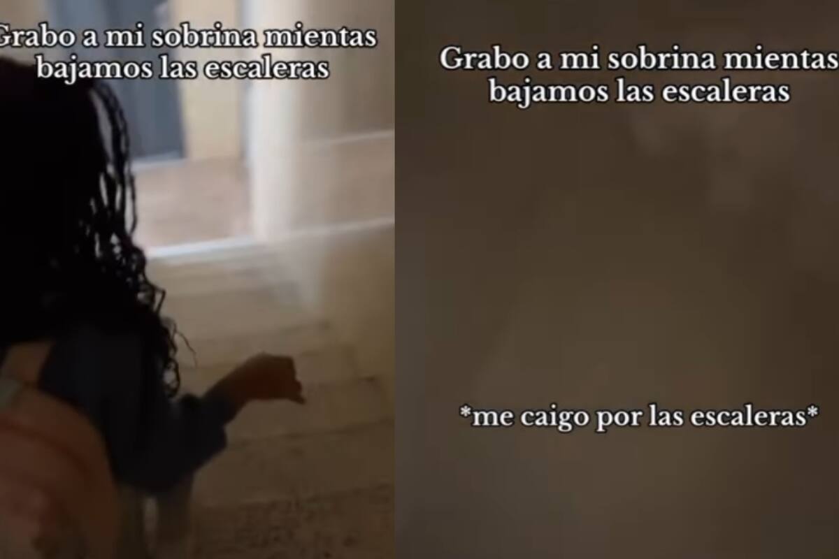 Joven grababa a su sobrina bajando las escaleras, pero se cae y rueda por no ver bien