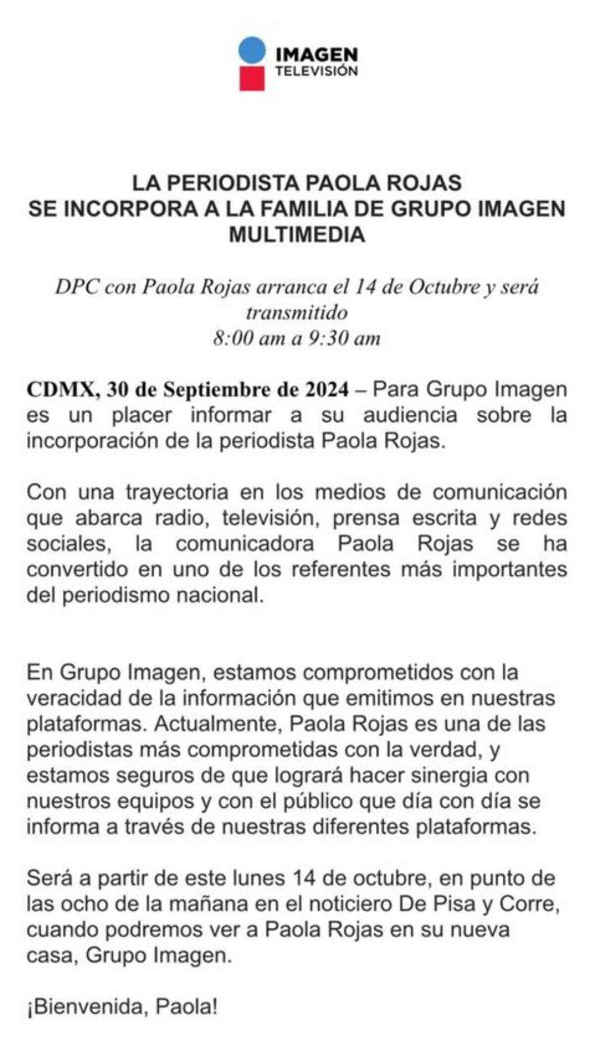 Imagen Televisión el da la bienvenida a Paola Rojas