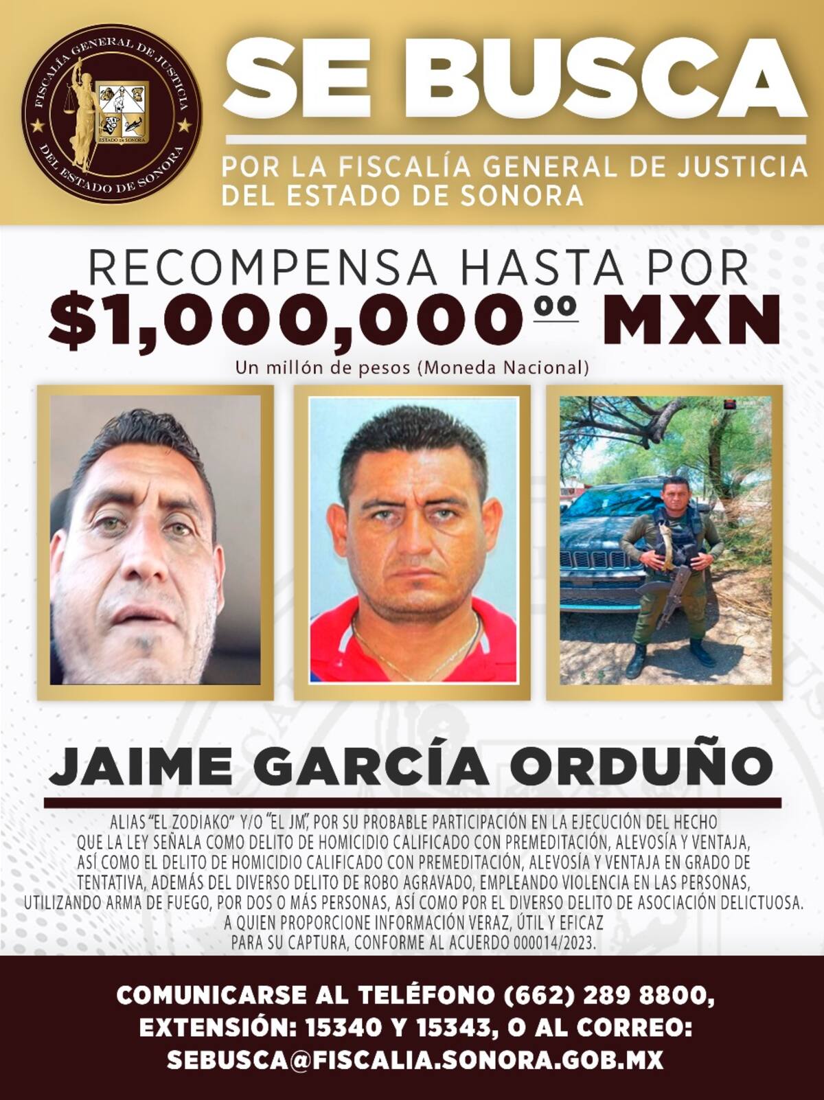 Fiscalía de Sonora ofrece un millón de pesos por información sobre “El Zodiako”. / Fiscalía General de Justicia del Estado de Sonora