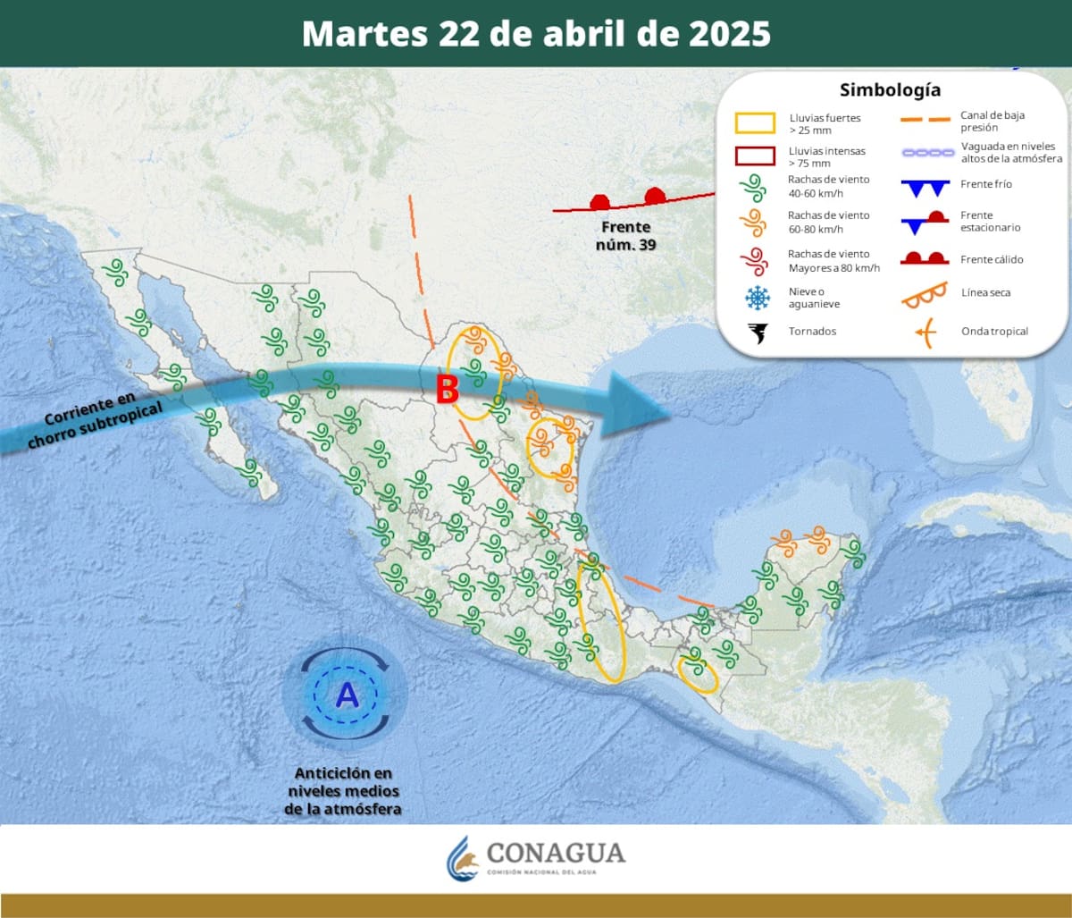 Clima en México para el martes 22 de abril: lluvias, vientos fuertes y temperaturas. Foto: Conagua