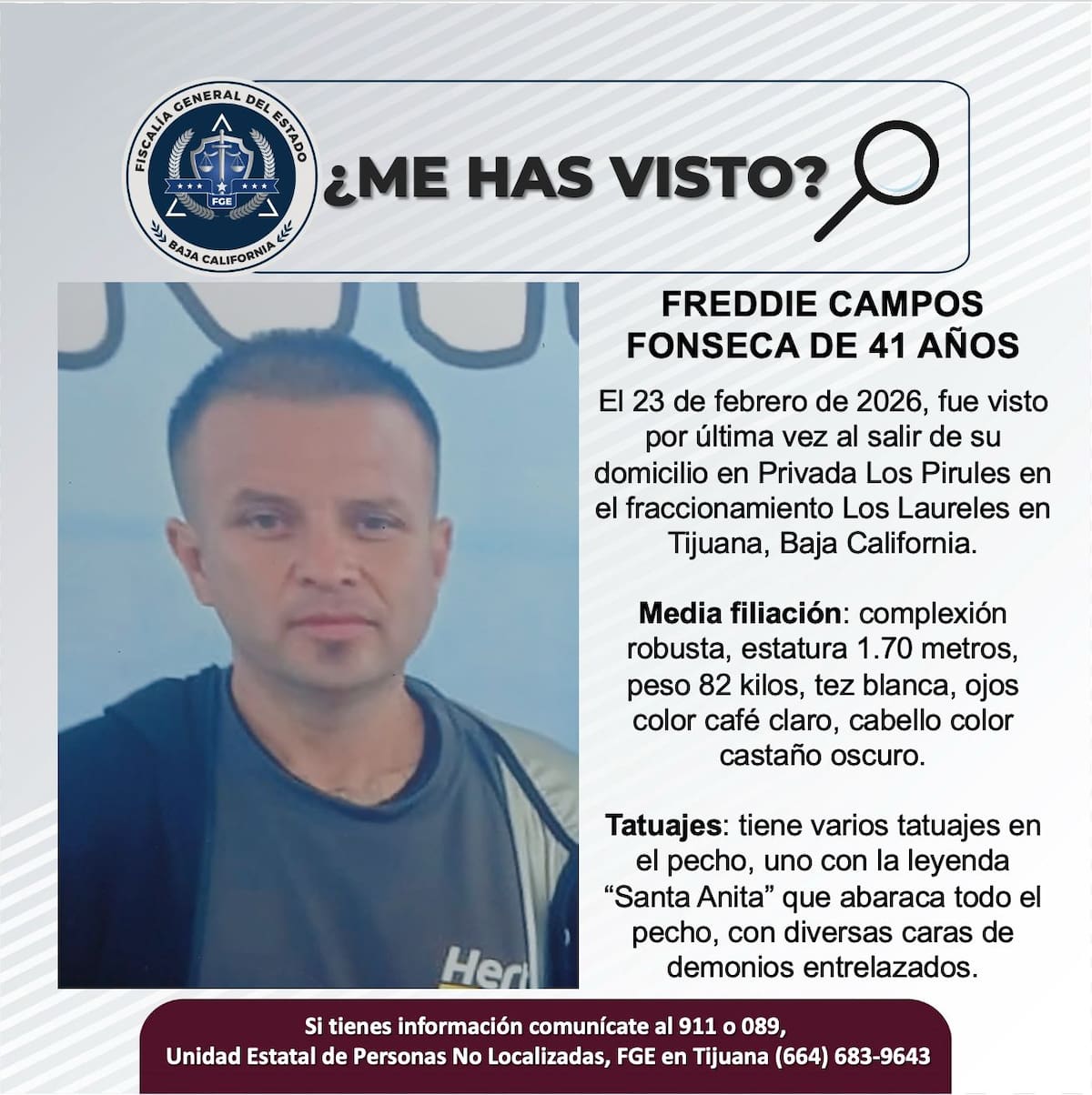 Fue visto por última vez el 23 de febrero de 2026.