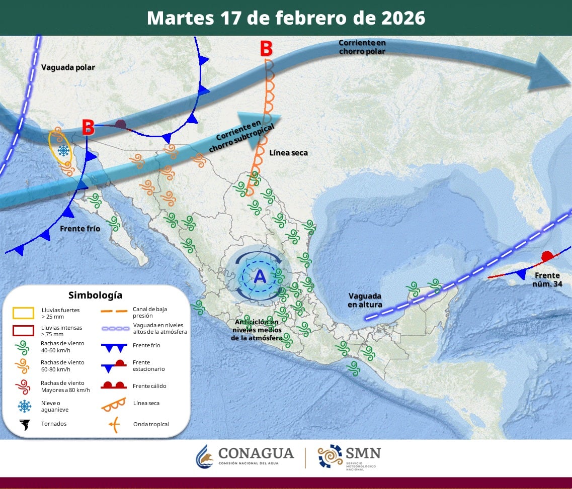 Pronóstico del clima para el martes 17 de febrero del 2026. | Crédito: SMN