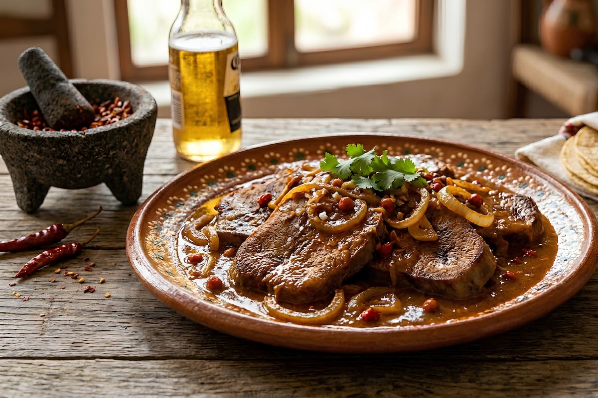 Lengua de res en salsa de cerveza y chiltepín